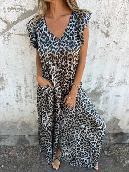 Women's Clothing2025Spring Leopard Print Flutter Sleeve Wide-Leg Jumpsuit - Seldom Seen Styles