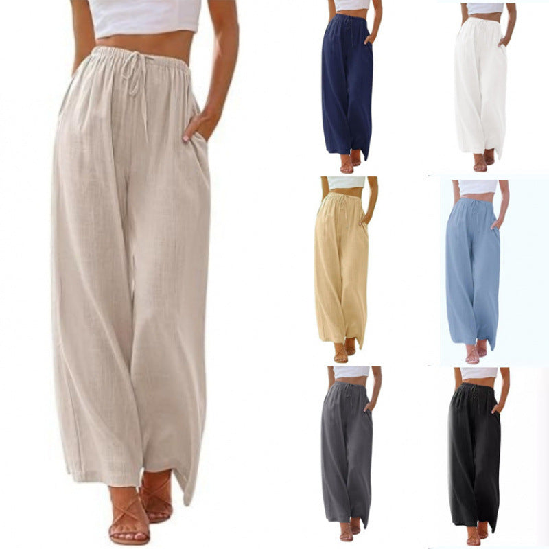 Women's Cotton Linen Summer Palazzo Pants Flowy Wide Leg Beach Trousers with Pockets Casual Womenswear - Seldom Seen Styles