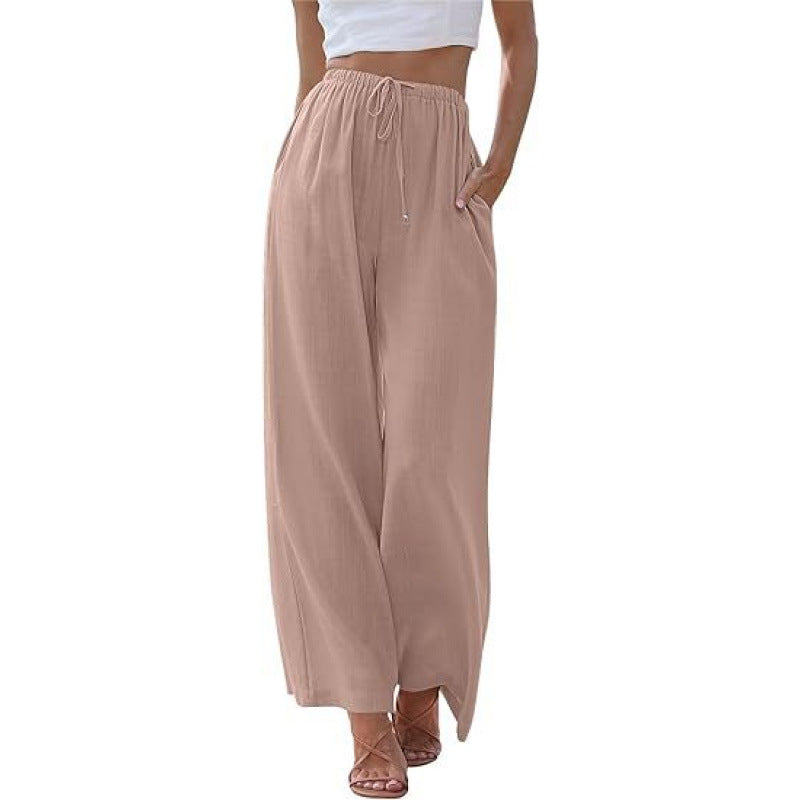 Women's Cotton Linen Summer Palazzo Pants Flowy Wide Leg Beach Trousers with Pockets Casual Womenswear - Seldom Seen Styles