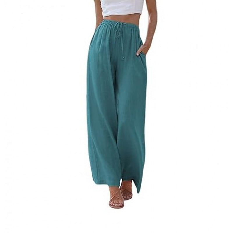 Women's Cotton Linen Summer Palazzo Pants Flowy Wide Leg Beach Trousers with Pockets Casual Womenswear - Seldom Seen Styles
