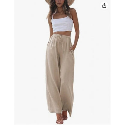 Women's Cotton Linen Summer Palazzo Pants Flowy Wide Leg Beach Trousers with Pockets Casual Womenswear - Seldom Seen Styles