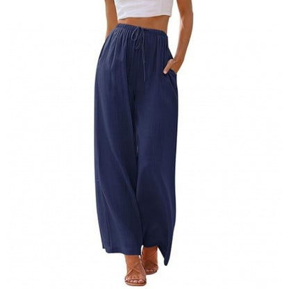 Women's Cotton Linen Summer Palazzo Pants Flowy Wide Leg Beach Trousers with Pockets Casual Womenswear - Seldom Seen Styles