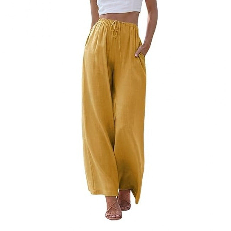 Women's Cotton Linen Summer Palazzo Pants Flowy Wide Leg Beach Trousers with Pockets Casual Womenswear - Seldom Seen Styles