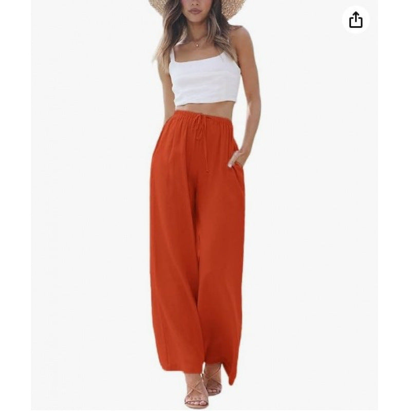 Women's Cotton Linen Summer Palazzo Pants Flowy Wide Leg Beach Trousers with Pockets Casual Womenswear - Seldom Seen Styles