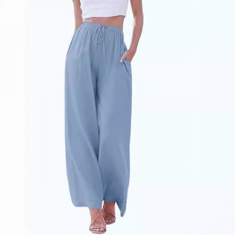 Women's Cotton Linen Summer Palazzo Pants Flowy Wide Leg Beach Trousers with Pockets Casual Womenswear - Seldom Seen Styles