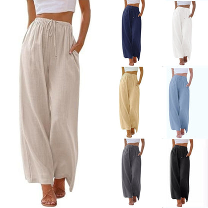 Women's Cotton Linen Summer Palazzo Pants Flowy Wide Leg Beach Trousers with Pockets Casual Womenswear - Seldom Seen Styles