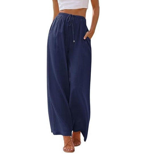 Women's Cotton Linen Summer Palazzo Pants Flowy Wide Leg Beach Trousers with Pockets Casual Womenswear - Seldom Seen Styles