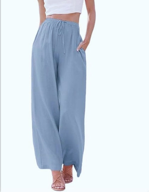 Women's Cotton Linen Summer Palazzo Pants Flowy Wide Leg Beach Trousers with Pockets Casual Womenswear - Seldom Seen Styles