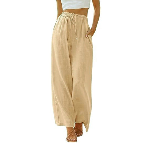 Women's Cotton Linen Summer Palazzo Pants Flowy Wide Leg Beach Trousers with Pockets Casual Womenswear - Seldom Seen Styles
