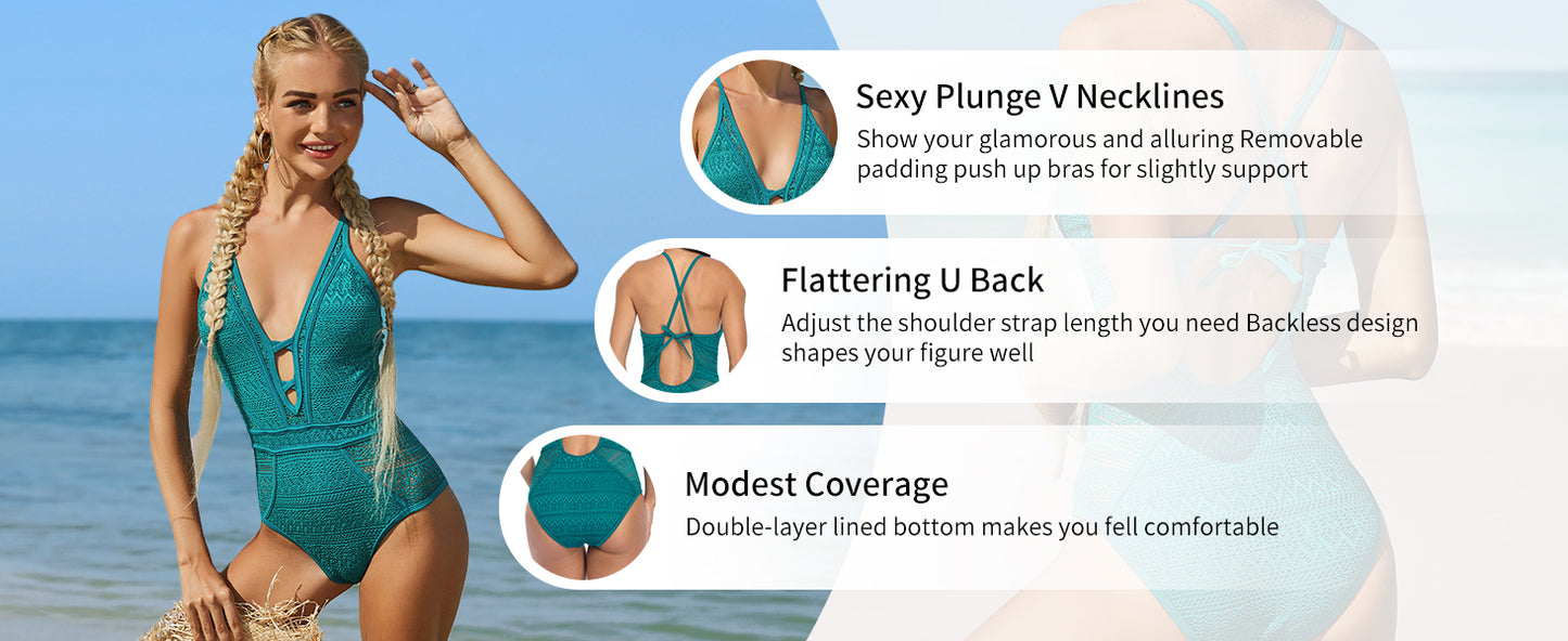 Women's Crochet One Piece Swimsuits V Neck High Waist Bathing Suit Sexy Hollow Monokini Swimwear - Seldom Seen Styles