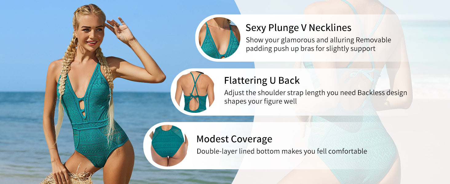 Women's Crochet One Piece Swimsuits V Neck High Waist Bathing Suit Sexy Hollow Monokini Swimwear - Seldom Seen Styles