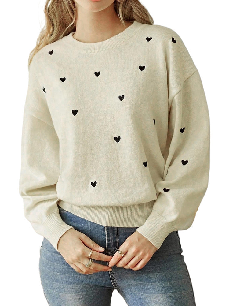 Women's Cute Aesthetic Heart Cream Sweaters Trendy Fall Pullover Crewneck Long Sleeve Soft Knitted Sweater Top - Seldom Seen Styles