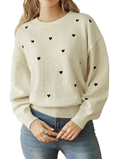 Women's Cute Aesthetic Heart Cream Sweaters Trendy Fall Pullover Crewneck Long Sleeve Soft Knitted Sweater Top - Seldom Seen Styles