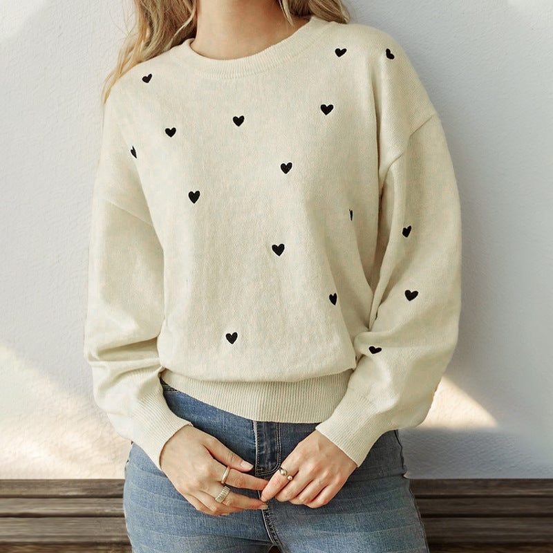 Women's Cute Aesthetic Heart Cream Sweaters Trendy Fall Pullover Crewneck Long Sleeve Soft Knitted Sweater Top - Seldom Seen Styles