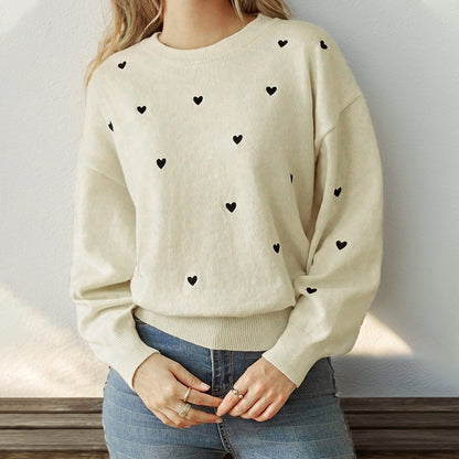 Women's Cute Aesthetic Heart Cream Sweaters Trendy Fall Pullover Crewneck Long Sleeve Soft Knitted Sweater Top - Seldom Seen Styles