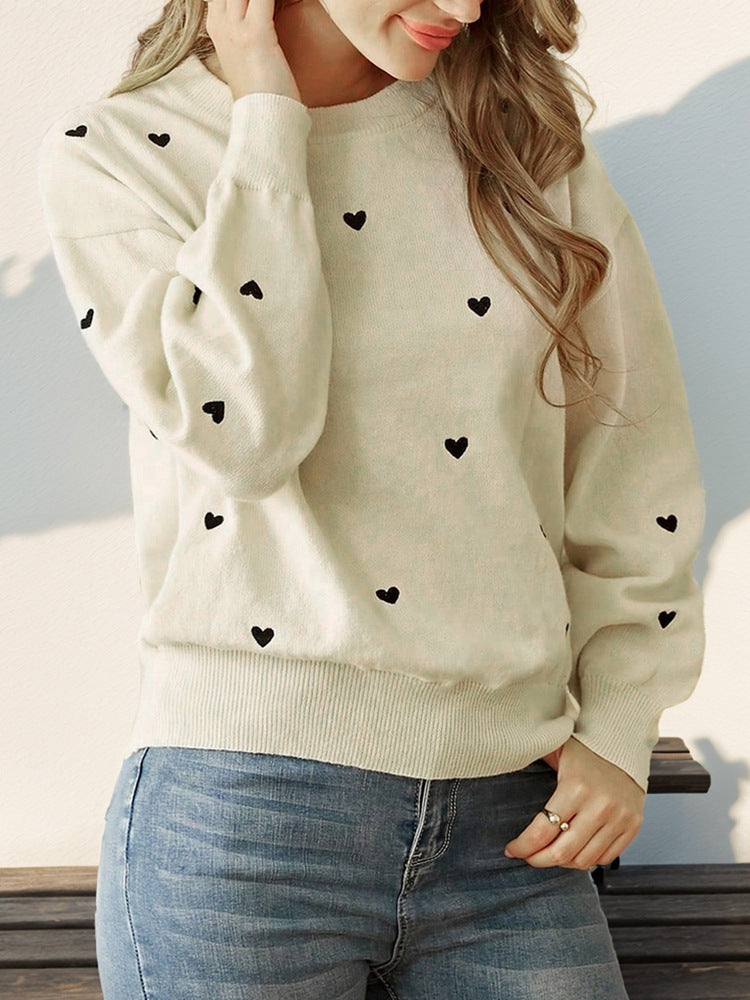 Women's Cute Aesthetic Heart Cream Sweaters Trendy Fall Pullover Crewneck Long Sleeve Soft Knitted Sweater Top - Seldom Seen Styles
