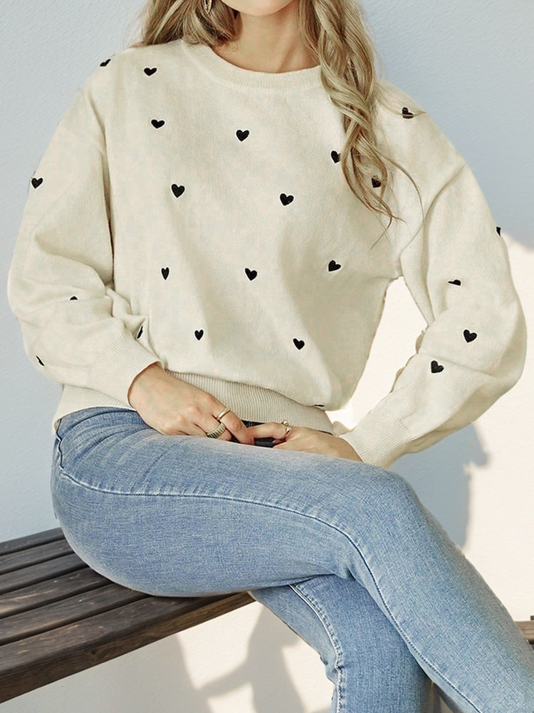 Women's Cute Aesthetic Heart Cream Sweaters Trendy Fall Pullover Crewneck Long Sleeve Soft Knitted Sweater Top - Seldom Seen Styles