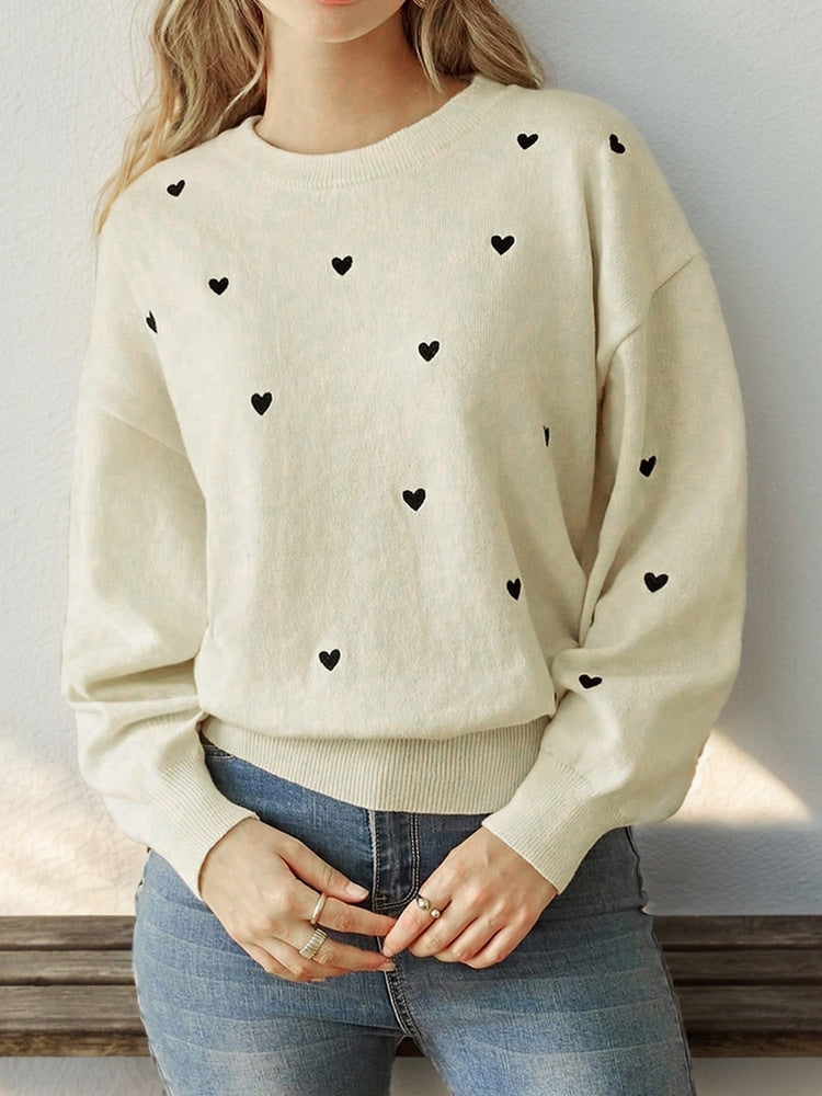 Women's Cute Aesthetic Heart Cream Sweaters Trendy Fall Pullover Crewneck Long Sleeve Soft Knitted Sweater Top - Seldom Seen Styles