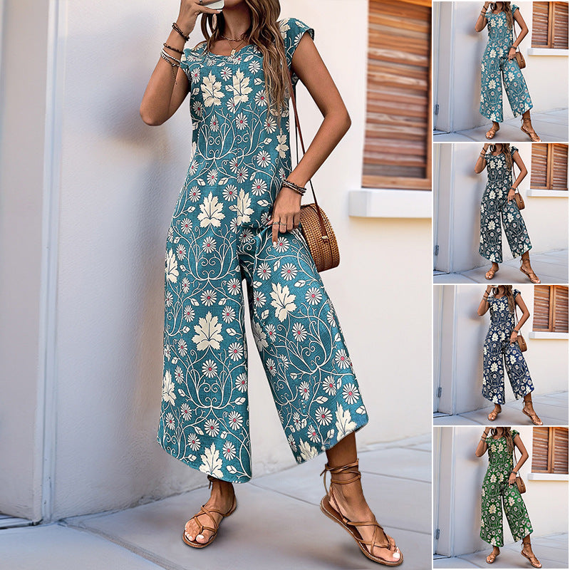 Women's Cute Daisy Floral Wide Leg Baggy Jumpsuit Rompers Cap Short Sleeve Loose Comfy Overalls Pants - Seldom Seen Styles