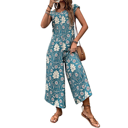 Women's Cute Daisy Floral Wide Leg Baggy Jumpsuit Rompers Cap Short Sleeve Loose Comfy Overalls Pants - Seldom Seen Styles