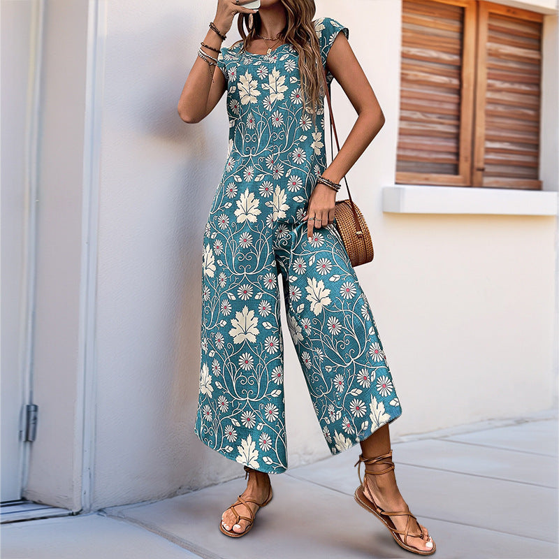 Women's Cute Daisy Floral Wide Leg Baggy Jumpsuit Rompers Cap Short Sleeve Loose Comfy Overalls Pants - Seldom Seen Styles