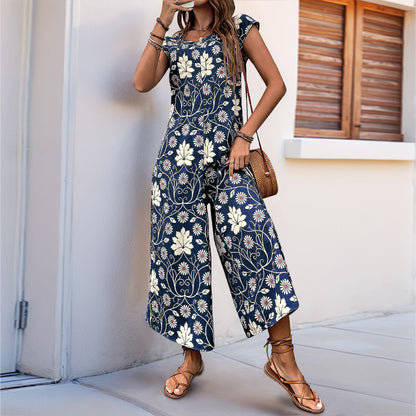 Women's Cute Daisy Floral Wide Leg Baggy Jumpsuit Rompers Cap Short Sleeve Loose Comfy Overalls Pants - Seldom Seen Styles