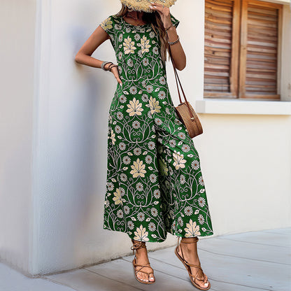 Women's Cute Daisy Floral Wide Leg Baggy Jumpsuit Rompers Cap Short Sleeve Loose Comfy Overalls Pants - Seldom Seen Styles