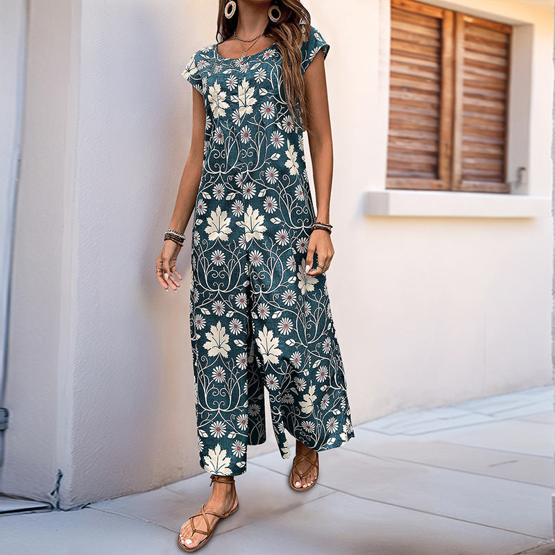 Women's Cute Daisy Floral Wide Leg Baggy Jumpsuit Rompers Cap Short Sleeve Loose Comfy Overalls Pants - Seldom Seen Styles
