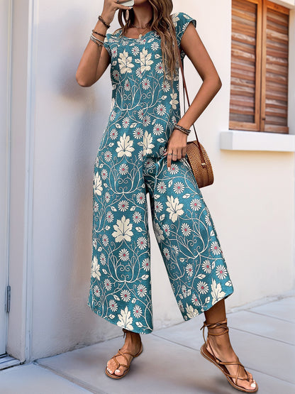 Women's Cute Daisy Floral Wide Leg Baggy Jumpsuit Rompers Cap Short Sleeve Loose Comfy Overalls Pants - Seldom Seen Styles