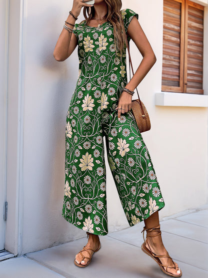 Women's Cute Daisy Floral Wide Leg Baggy Jumpsuit Rompers Cap Short Sleeve Loose Comfy Overalls Pants - Seldom Seen Styles