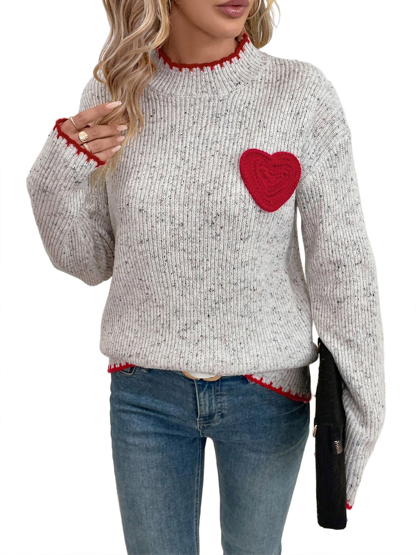 Women's Cute Heart Patched Crewneck Sweater Long Sleeve Ribbed Knit Pullover Casual Sweaters Casual Loose Sweater - Seldom Seen Styles