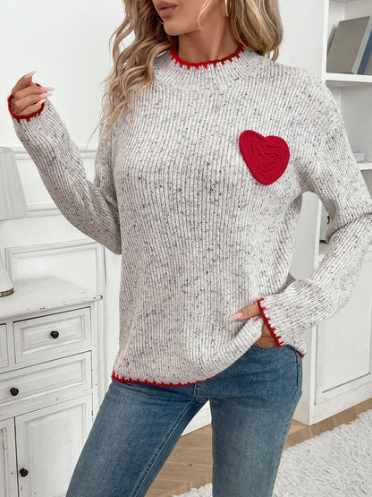 Women's Cute Heart Patched Crewneck Sweater Long Sleeve Ribbed Knit Pullover Casual Sweaters Casual Loose Sweater - Seldom Seen Styles