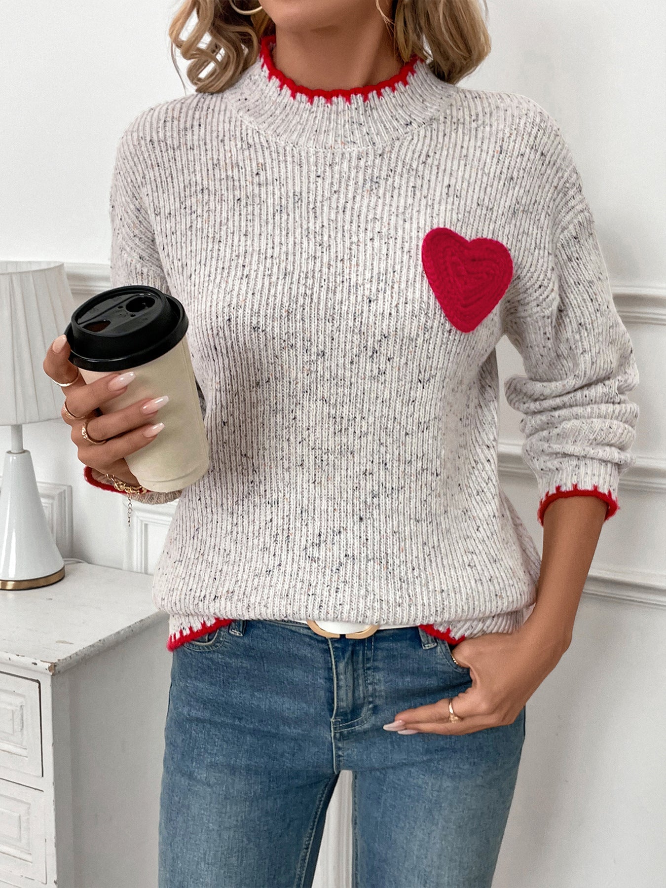 Women's Cute Heart Patched Crewneck Sweater Long Sleeve Ribbed Knit Pullover Casual Sweaters Casual Loose Sweater - Seldom Seen Styles