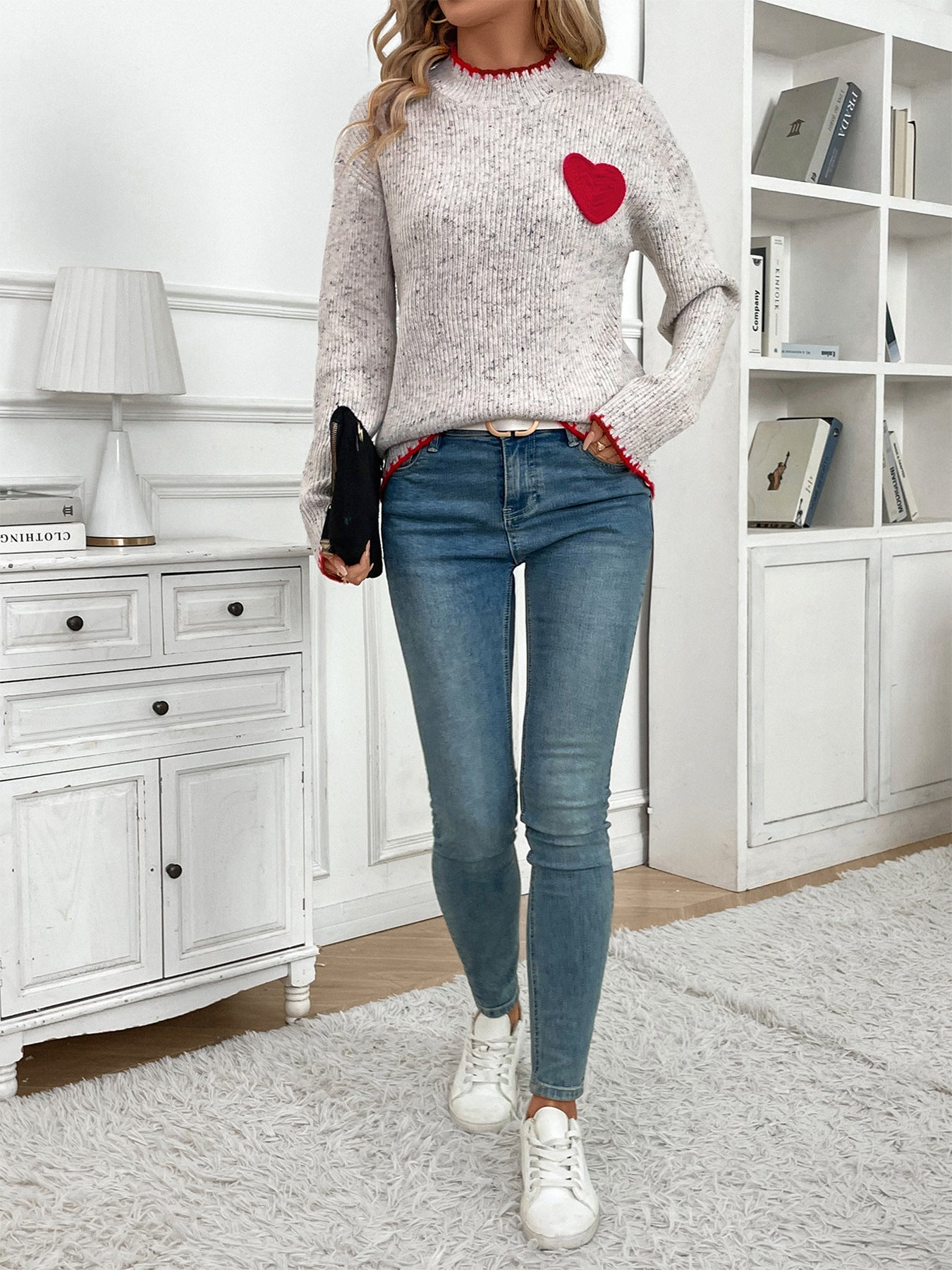 Women's Cute Heart Patched Crewneck Sweater Long Sleeve Ribbed Knit Pullover Casual Sweaters Casual Loose Sweater - Seldom Seen Styles