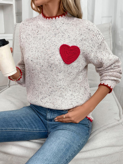 Women's Cute Heart Patched Crewneck Sweater Long Sleeve Ribbed Knit Pullover Casual Sweaters Casual Loose Sweater - Seldom Seen Styles