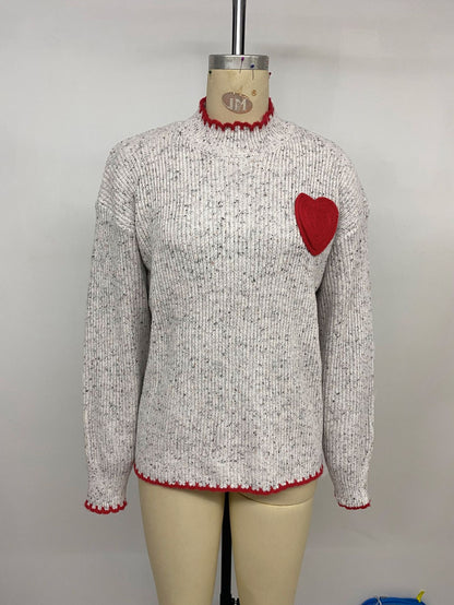 Women's Cute Heart Patched Crewneck Sweater Long Sleeve Ribbed Knit Pullover Casual Sweaters Casual Loose Sweater - Seldom Seen Styles