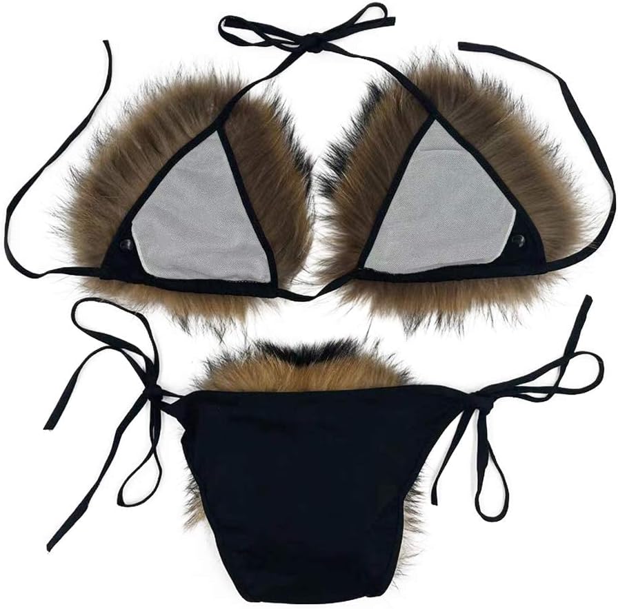 Women's Faux Fur Halter String Triangle Bikini Sets Two Piece Swimsuits - Seldom Seen Styles