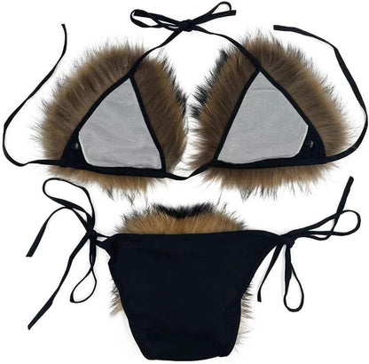 Women's Faux Fur Halter String Triangle Bikini Sets Two Piece Swimsuits - Seldom Seen Styles