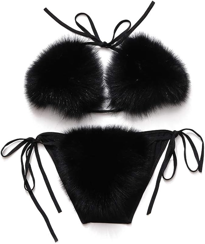 Women's Faux Fur Halter String Triangle Bikini Sets Two Piece Swimsuits - Seldom Seen Styles