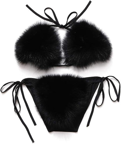 Women's Faux Fur Halter String Triangle Bikini Sets Two Piece Swimsuits - Seldom Seen Styles