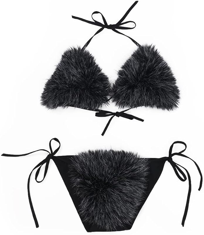 Women's Faux Fur Halter String Triangle Bikini Sets Two Piece Swimsuits - Seldom Seen Styles