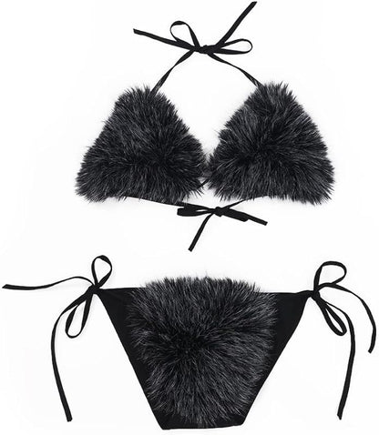 Women's Faux Fur Halter String Triangle Bikini Sets Two Piece Swimsuits - Seldom Seen Styles