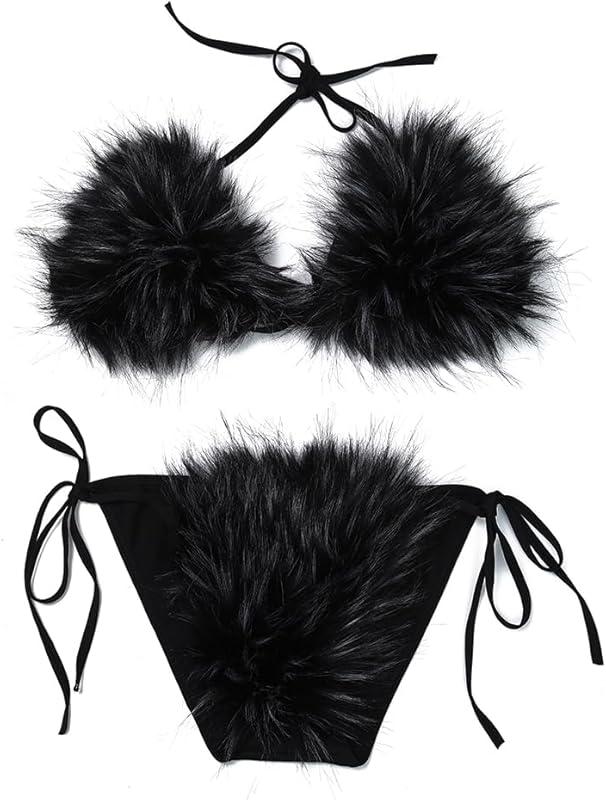Women's Faux Fur Halter String Triangle Bikini Sets Two Piece Swimsuits - Seldom Seen Styles