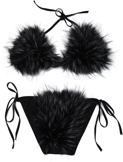 Women's Faux Fur Halter String Triangle Bikini Sets Two Piece Swimsuits - Seldom Seen Styles