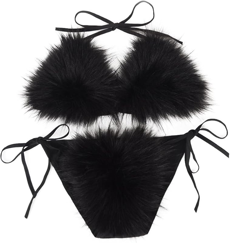 Women's Faux Fur Halter String Triangle Bikini Sets Two Piece Swimsuits - Seldom Seen Styles