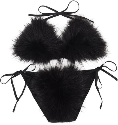 Women's Faux Fur Halter String Triangle Bikini Sets Two Piece Swimsuits - Seldom Seen Styles