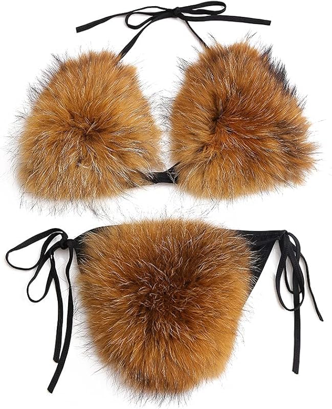 Women's Faux Fur Halter String Triangle Bikini Sets Two Piece Swimsuits - Seldom Seen Styles