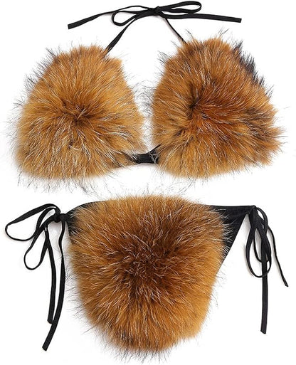 Women's Faux Fur Halter String Triangle Bikini Sets Two Piece Swimsuits - Seldom Seen Styles