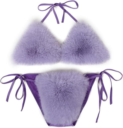 Women's Faux Fur Halter String Triangle Bikini Sets Two Piece Swimsuits - Seldom Seen Styles