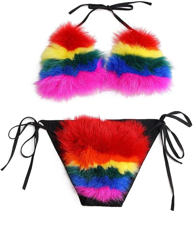 Women's Faux Fur Halter String Triangle Bikini Sets Two Piece Swimsuits - Seldom Seen Styles